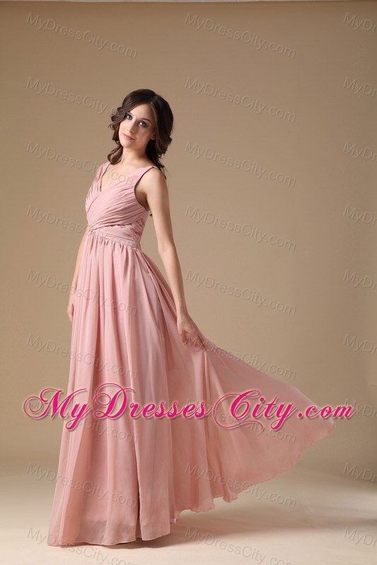 Elegant Peach Pink V-neck Chiffon Ruched Maid of Honor Dress