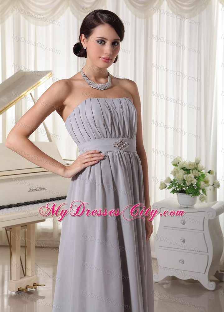 Simple Grey Empire Bridesmaid Dress with Ruching and Beading
