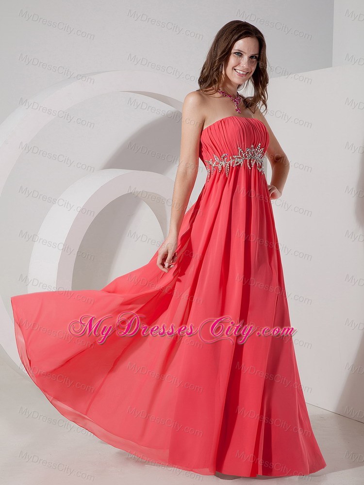 Chiffon Beading Empire Strapless Watermelon Prom Dress for Junior