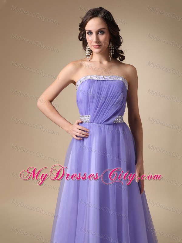A-line Strapless Beading Brush Train Tulle Lilac Prom Celebrity Dress