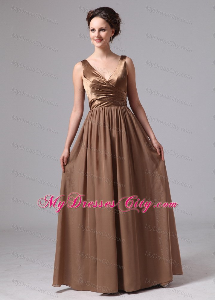 Vneck Satin and Chiffon Ruches Brown Prom Dress with VBack