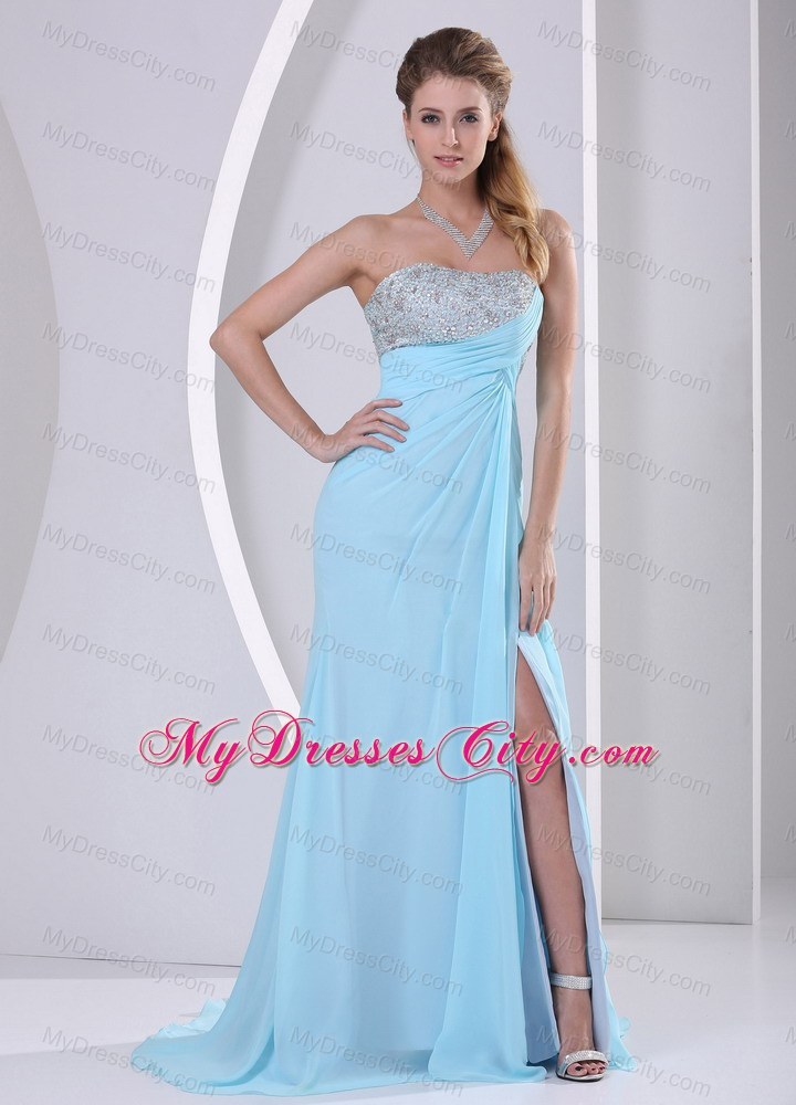 Wholesale High Slit Beading and Ruches 2013 Aqua Blue Junior Prom Dress