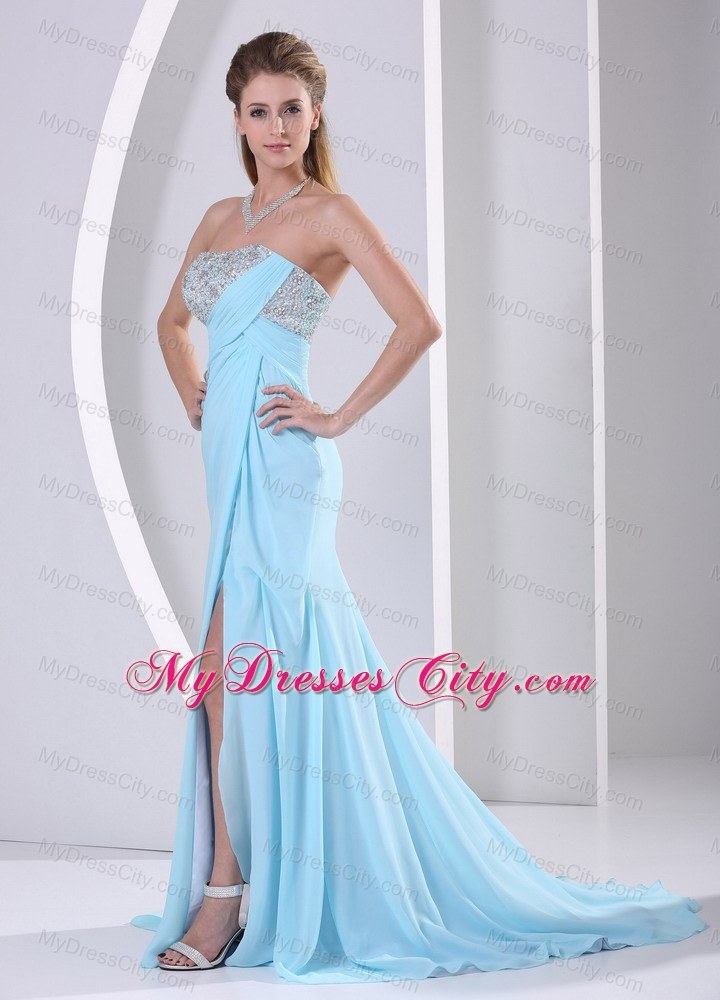 Wholesale High Slit Beading and Ruches 2013 Aqua Blue Junior Prom Dress