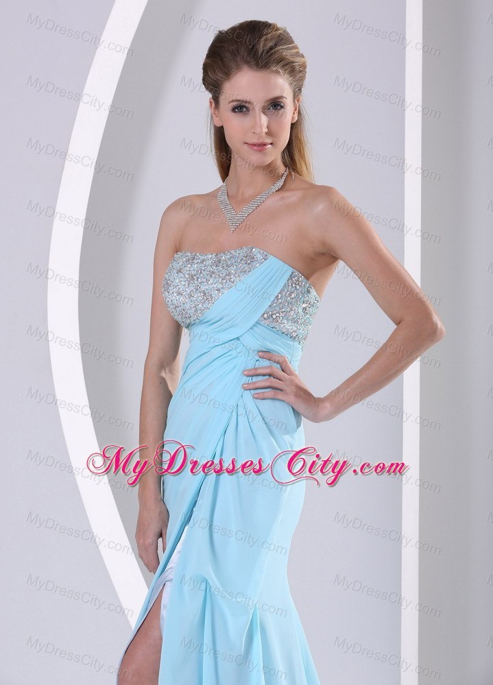 Wholesale High Slit Beading and Ruches 2013 Aqua Blue Junior Prom Dress