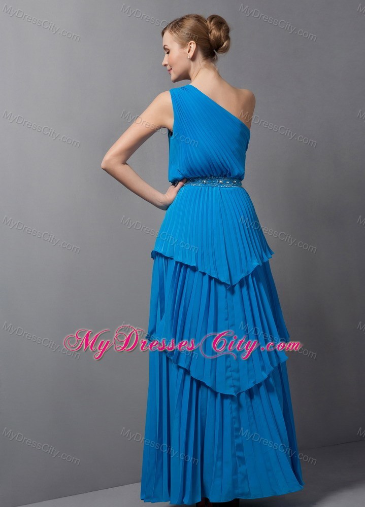 One Shoulder Pleat Floor-length Chiffon Beading Blue Prom Gowns