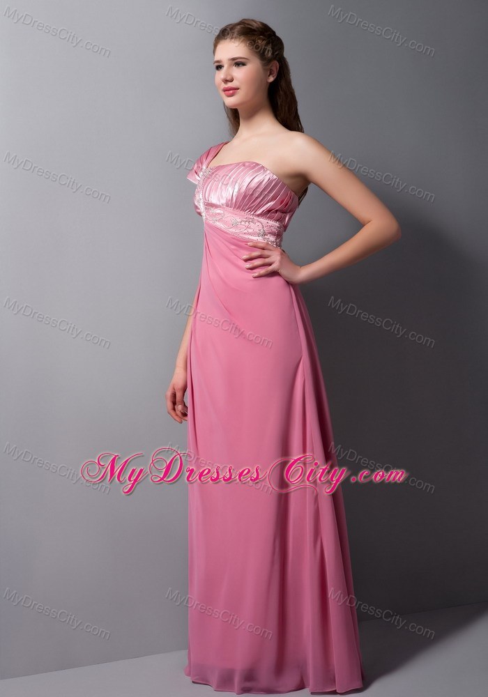 One Shoulder Cap Sleeves Beading Long Pink Prom Dress for Girls