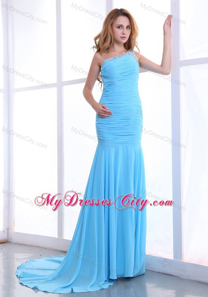 One Shoulder Column Ruching Light Blue Prom Dress with Cutout Back