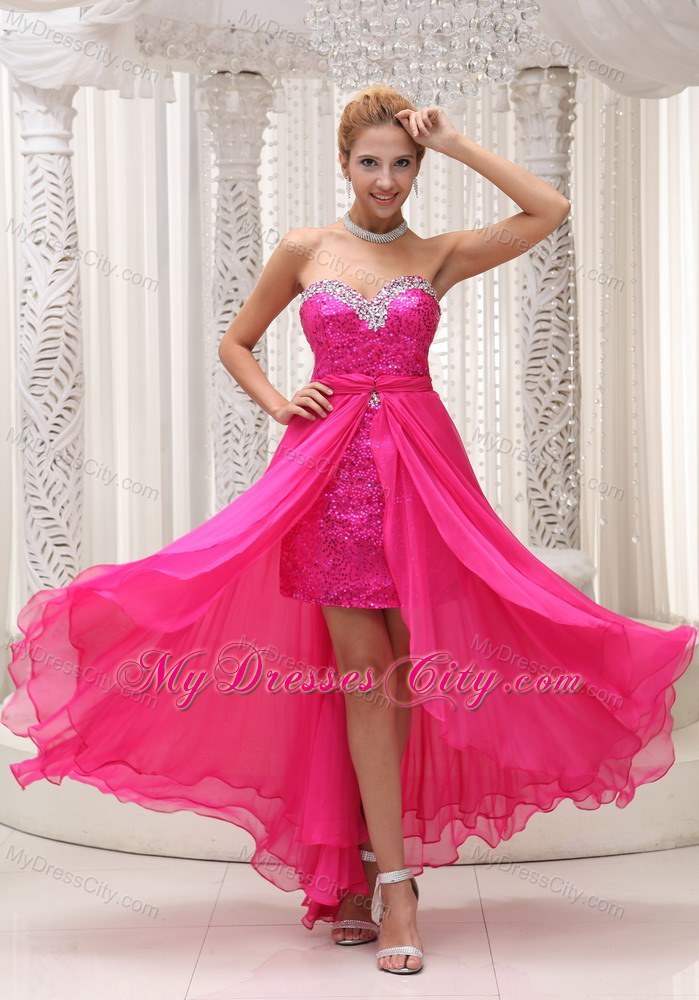High-Low Beading and Sequins Sweetheart Hot Pink Prom Dress