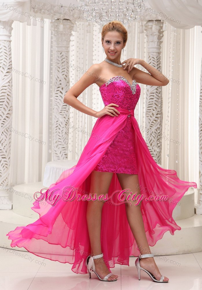High-Low Beading and Sequins Sweetheart Hot Pink Prom Dress