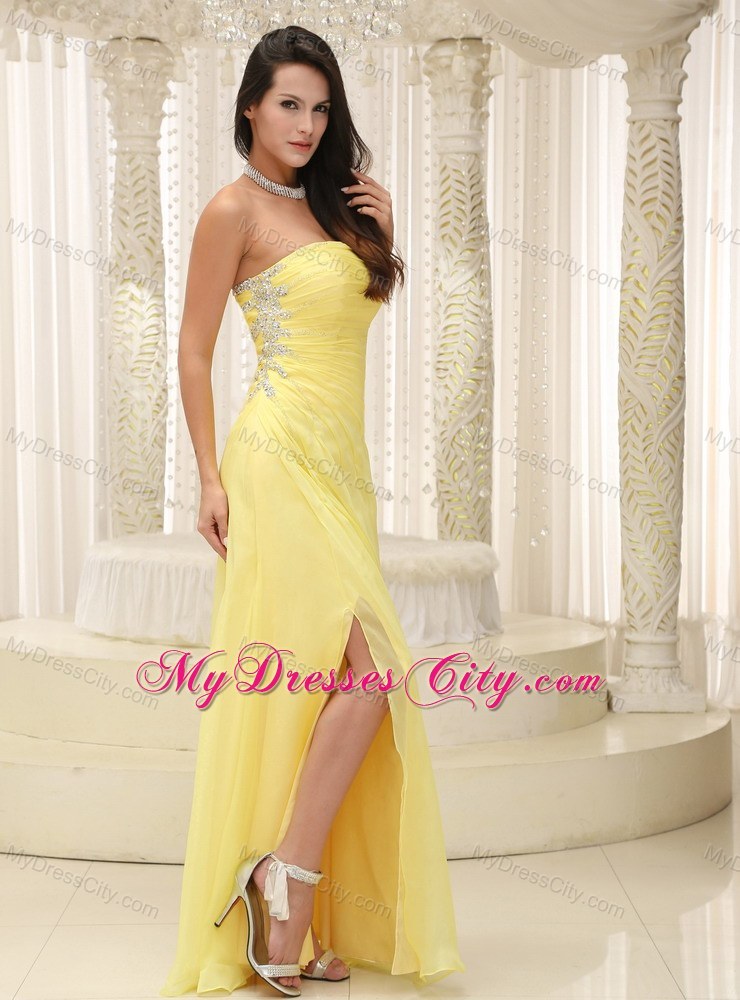Ruched Beading High Slit Yellow Prom Gown with Side Zipper