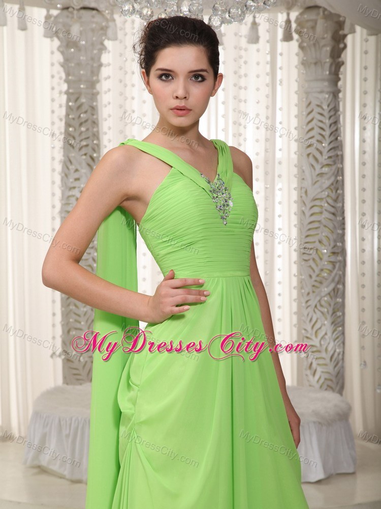 V-neck Watteau Train Chiffon Beading Spring Green Prom Gown
