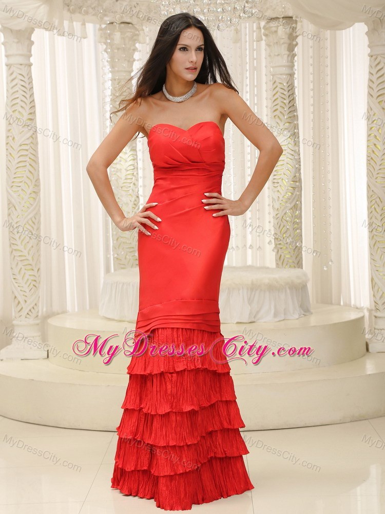 Red Sweetheart Prom Gown Dress with Ruffled Layers