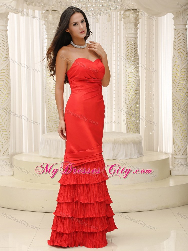 Red Sweetheart Prom Gown Dress with Ruffled Layers