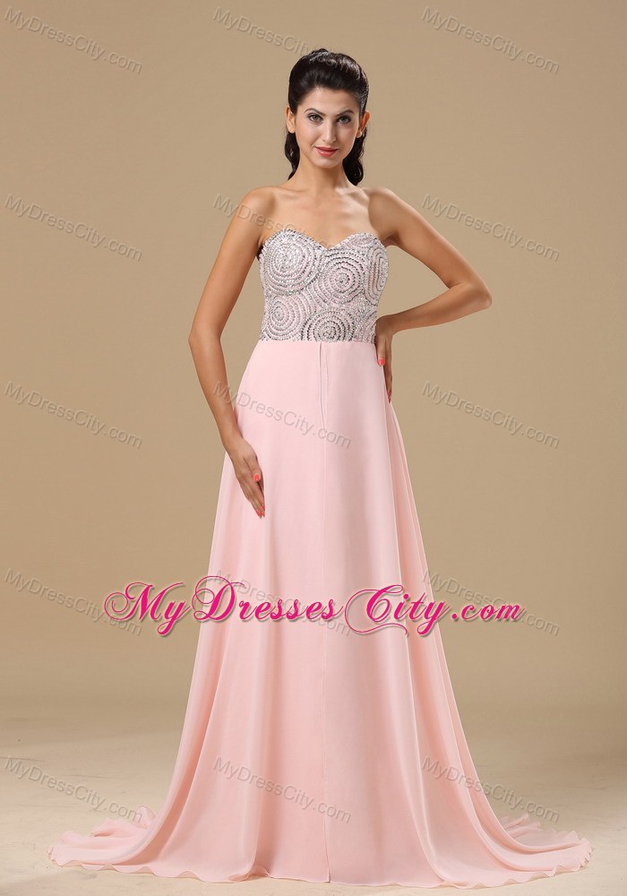Beaded Decorated Sweetheart Light Pink Brush Train Prom Dress