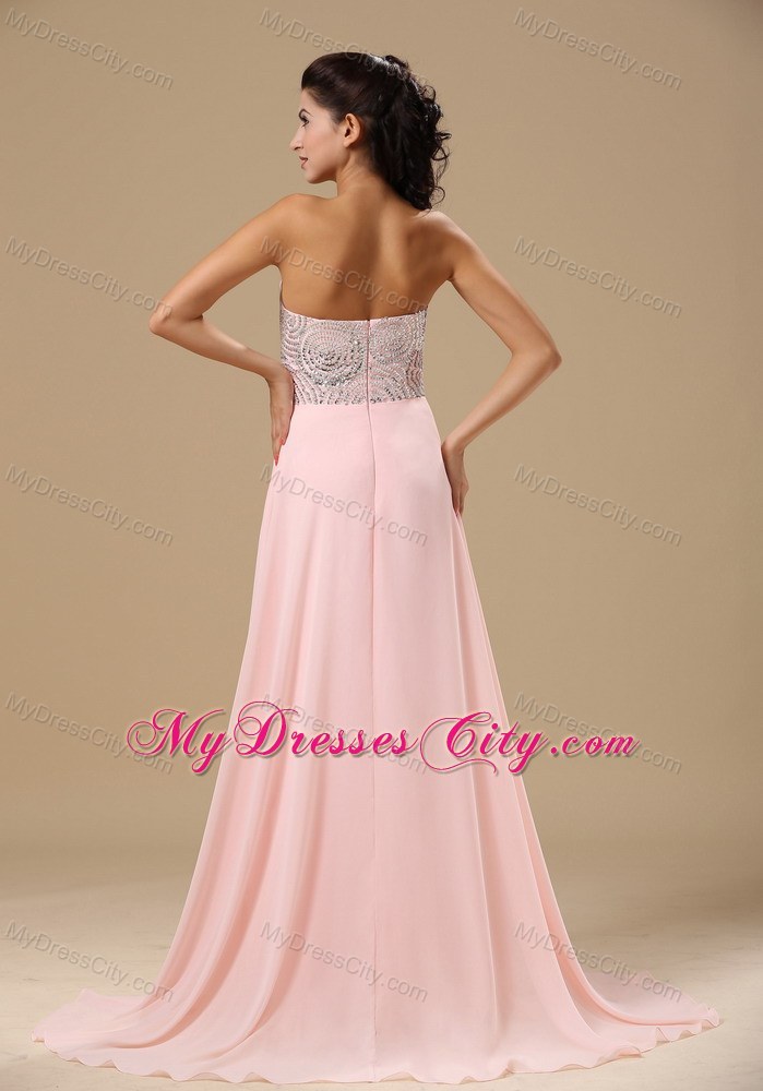 Beaded Decorated Sweetheart Light Pink Brush Train Prom Dress