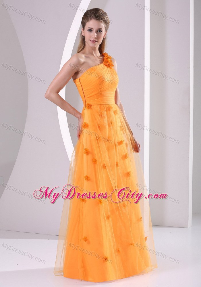 Elegant Orange Tulle Hand Made Flowers One Shoulder Prom Dress