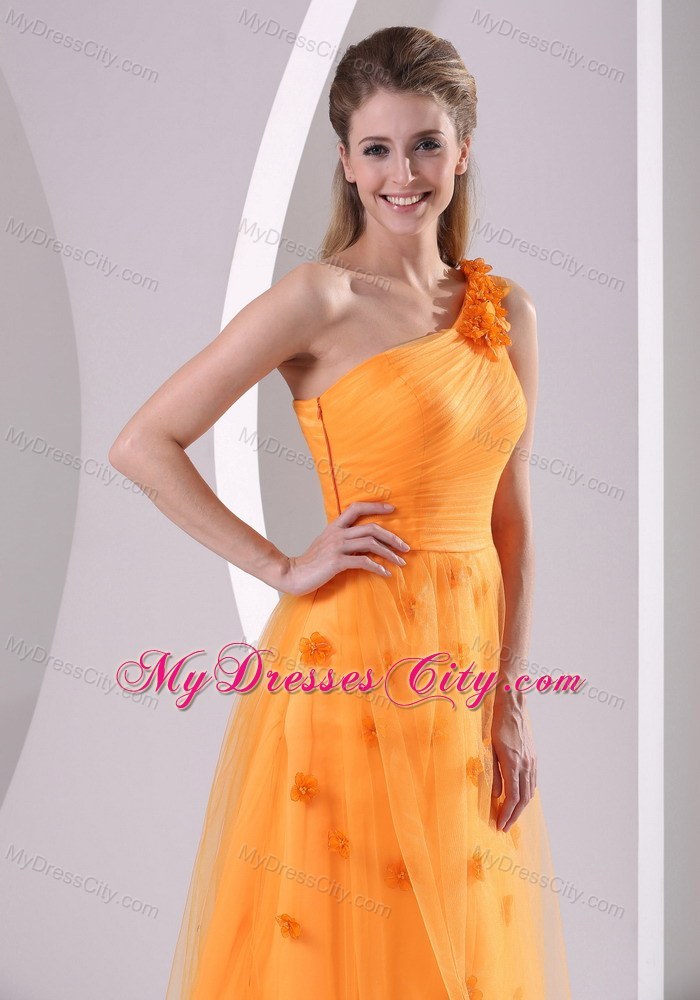 Elegant Orange Tulle Hand Made Flowers One Shoulder Prom Dress