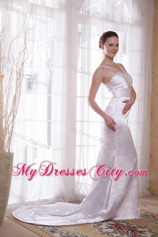 Ivory V-neck Elastic Woven Satin Beaded and Ruched Prom Gown