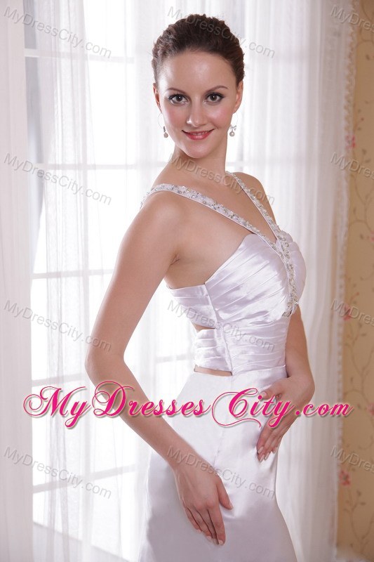 Ivory V-neck Elastic Woven Satin Beaded and Ruched Prom Gown