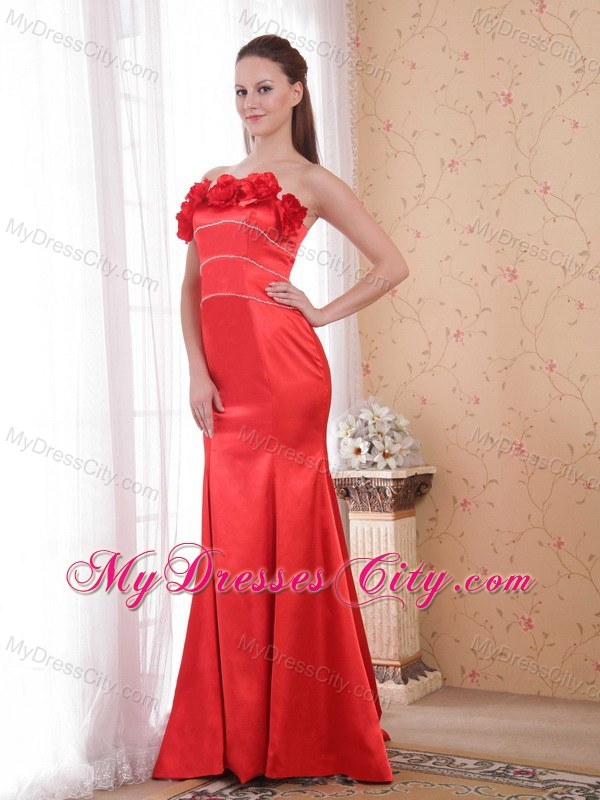 Red Mermaid Court Train Strapless Hand Made Flower Prom Dress