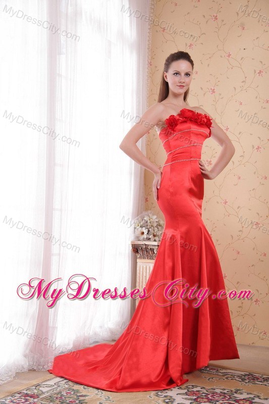 Red Mermaid Court Train Strapless Hand Made Flower Prom Dress