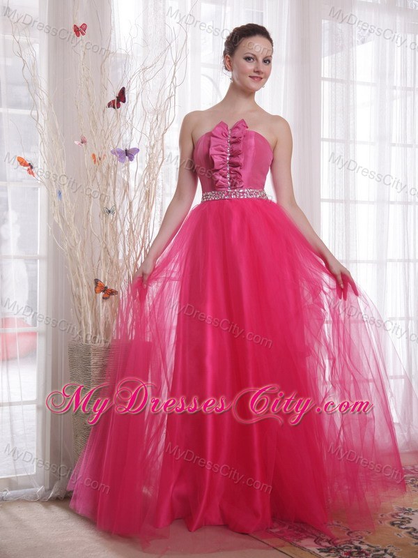 Hot Pink Tulle Strapless Beading Floor-length Prom Dress