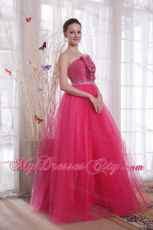 Hot Pink Tulle Strapless Beading Floor-length Prom Dress