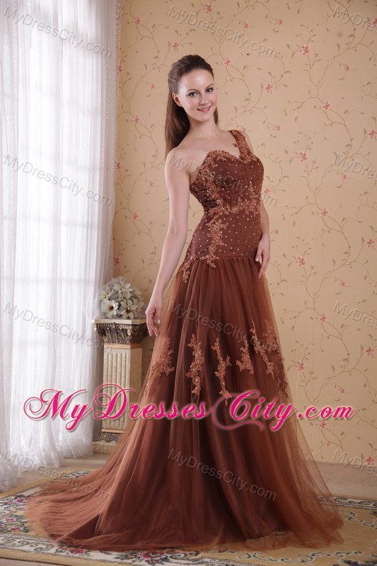 Brown One Shoulder Sweep Appliqued Tulle Prom Dresses