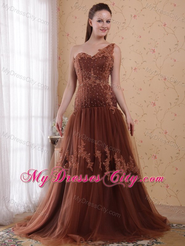 Brown One Shoulder Sweep Appliqued Tulle Prom Dresses