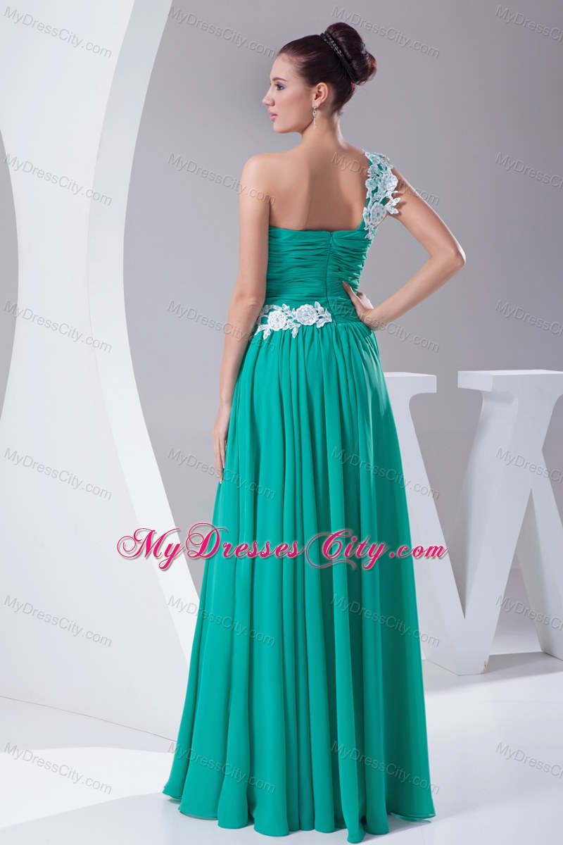 Appliques One Shoulder Ruching Turquoise Chiffon Prom Dresses