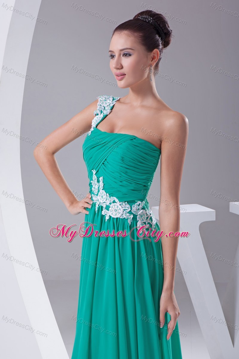 Appliques One Shoulder Ruching Turquoise Chiffon Prom Dresses
