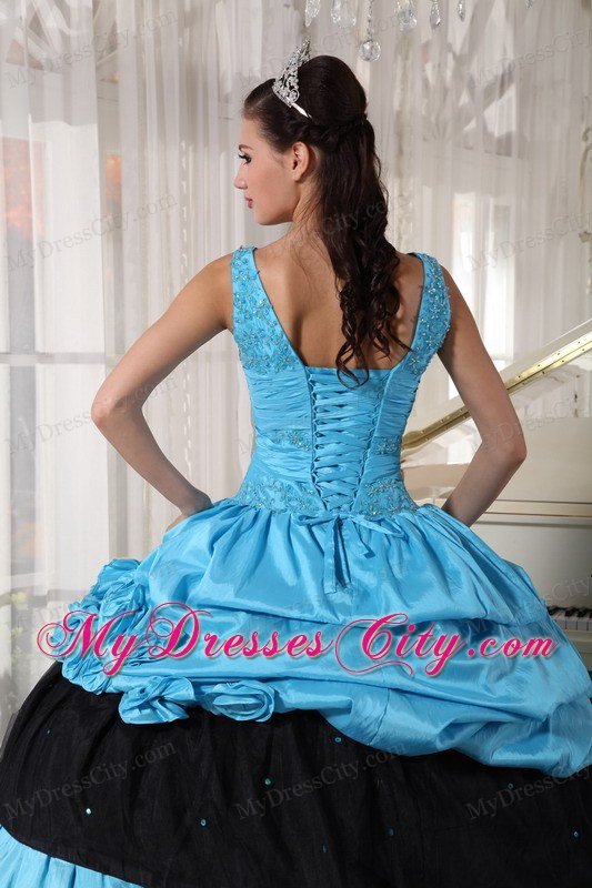 Light Blue and Black V-neck Beading Flower Elegant Sweet 15 Dresses