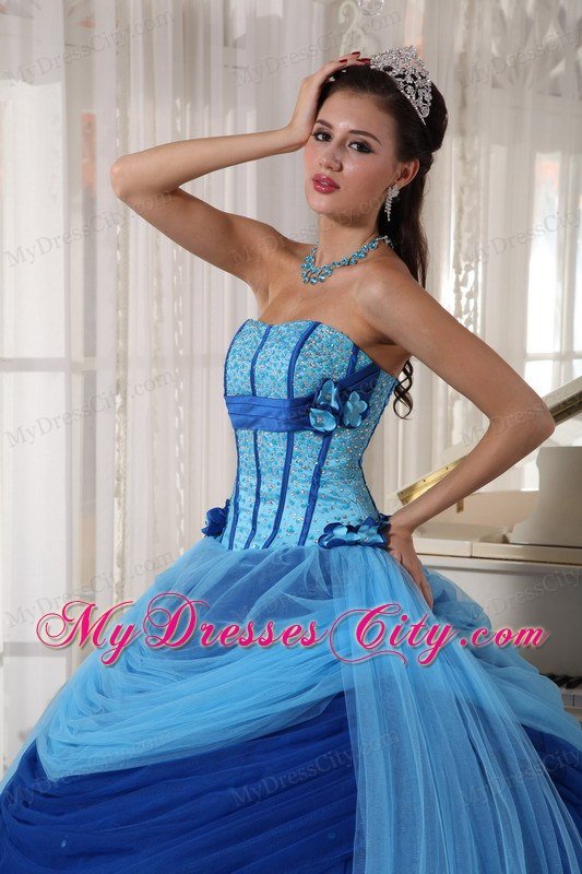 Romantic Ball Gown Strapless Beading Blue Quinceanera Dress for 2013