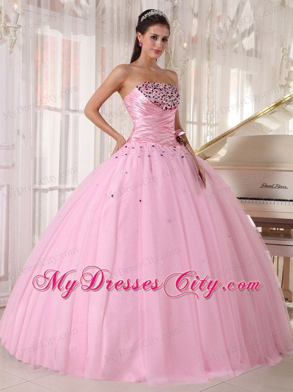 2013 Baby Pink Strapless Beading Ruching flower Sweet 15 Dresses