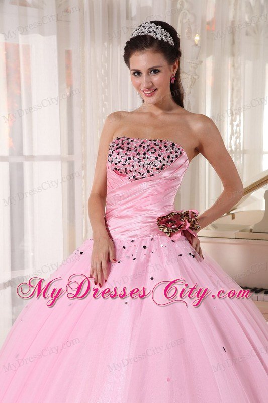 2013 Baby Pink Strapless Beading Ruching flower Sweet 15 Dresses