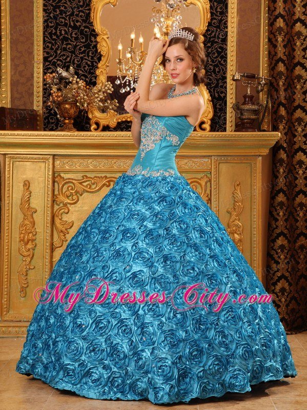 Flowers Embossed Gown For Quinceanera with Sweetheart in Teal