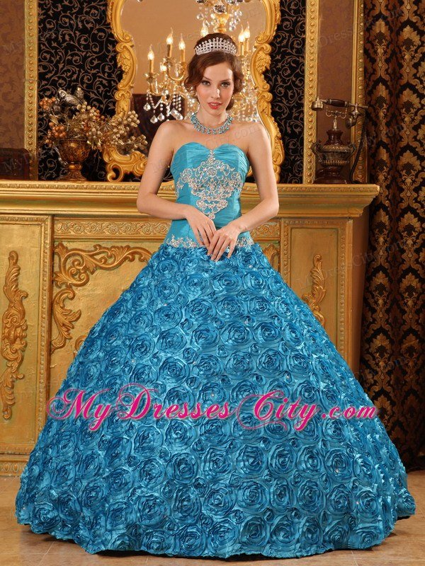 Flowers Embossed Gown For Quinceanera with Sweetheart in Teal