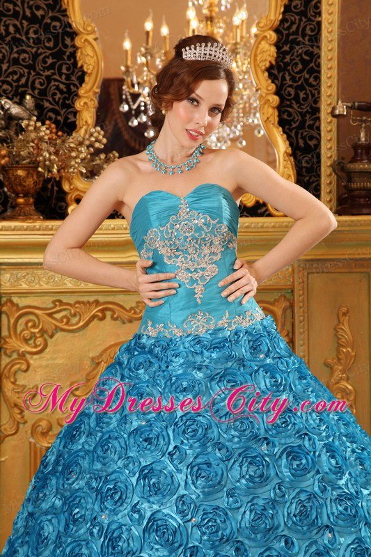 Flowers Embossed Gown For Quinceanera with Sweetheart in Teal