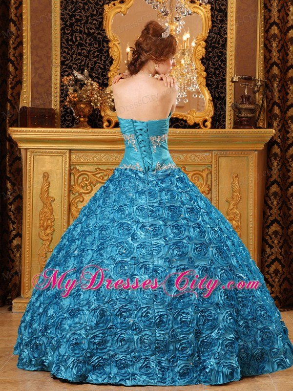 Flowers Embossed Gown For Quinceanera with Sweetheart in Teal