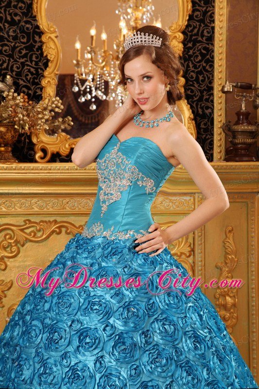 Flowers Embossed Gown For Quinceanera with Sweetheart in Teal