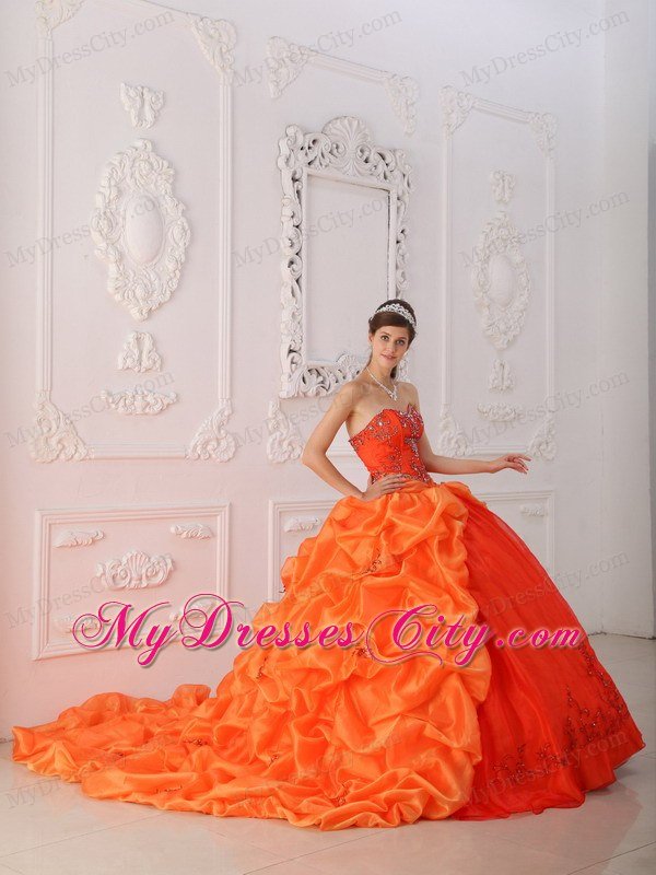 Court Train Beading Embroidery Quinceanera Dress in Orange Red