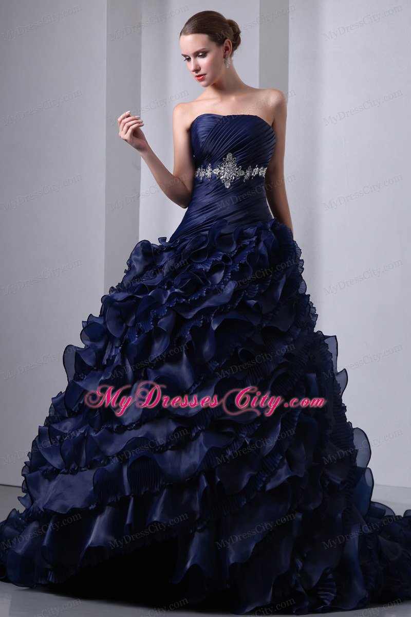 A-Line Organza Ruffles Navy Blue 16 Birthday Dres with Ruches