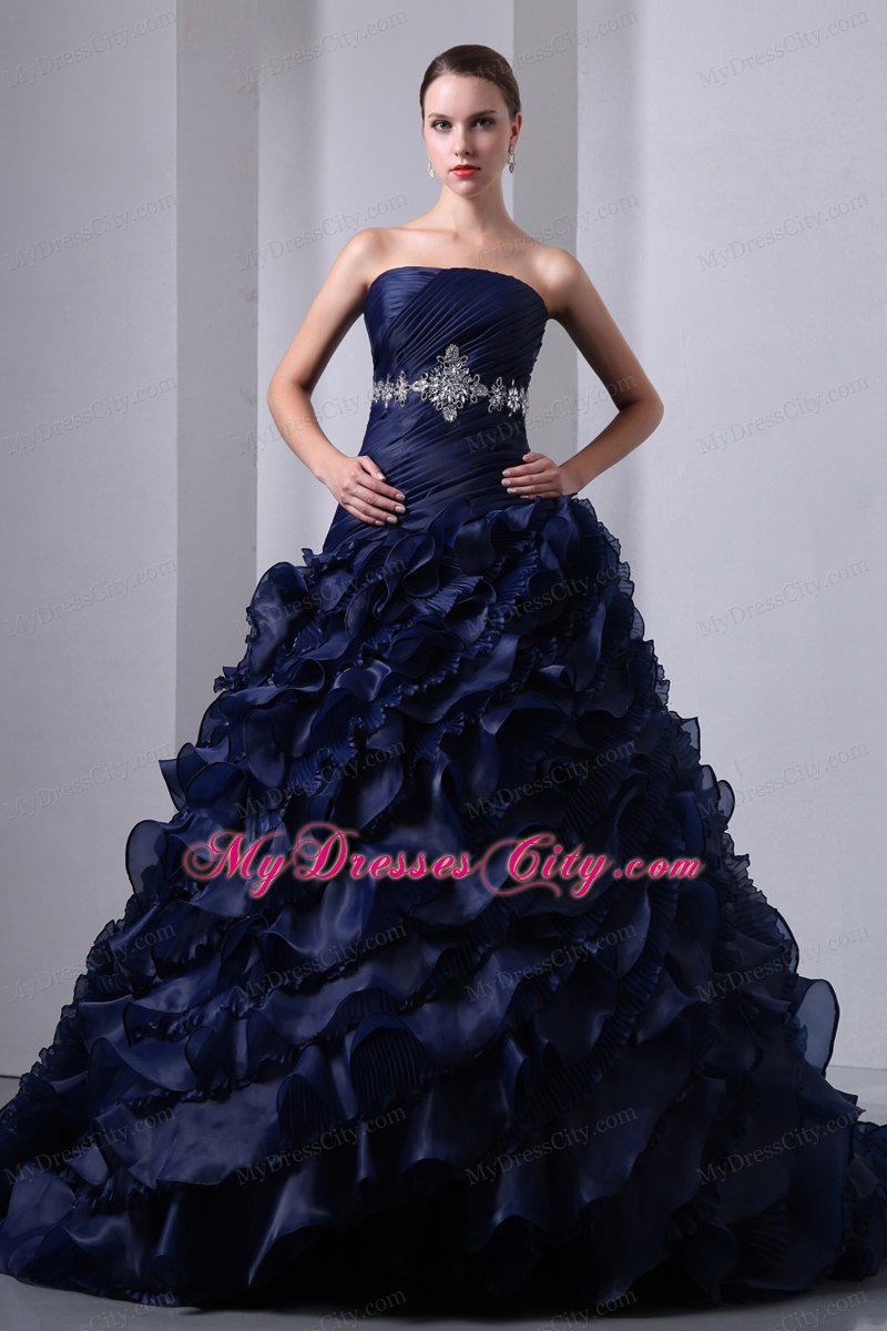 A-Line Organza Ruffles Navy Blue 16 Birthday Dres with Ruches