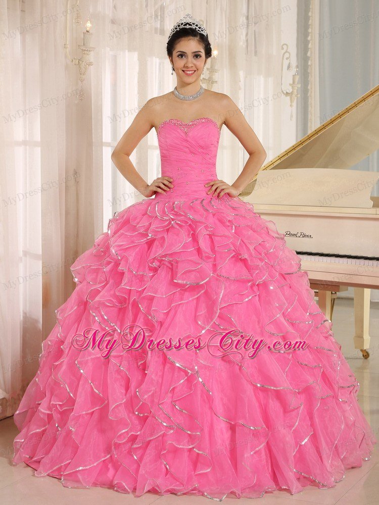 Beautiful Rose Pink Puffy Sweet 15 Dress with Ruches and Beading ...