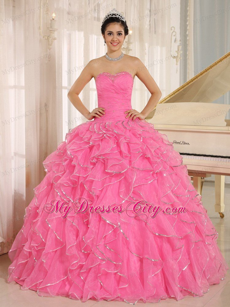 Beautiful Rose Pink Puffy Sweet 15 Dress with Ruches and Beading