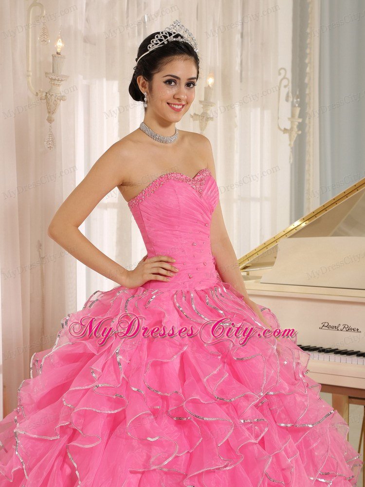 Beautiful Rose Pink Puffy Sweet 15 Dress with Ruches and Beading