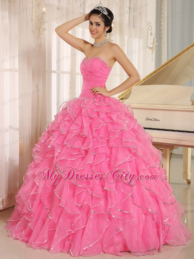 Beautiful Rose Pink Puffy Sweet 15 Dress with Ruches and Beading