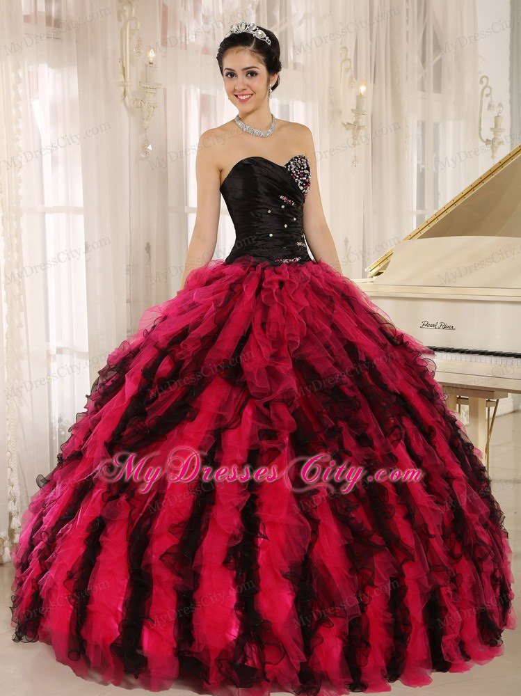 Ruffles Sweetheart Black and Hot Pink Quinceanera Dress with Tulle