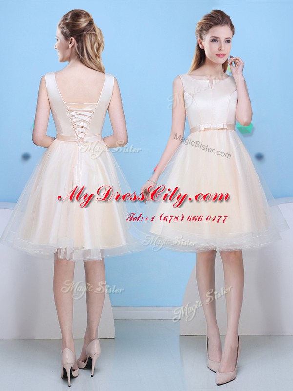 Scoop Bowknot Bridesmaid Gown Champagne Lace Up Sleeveless Knee Length