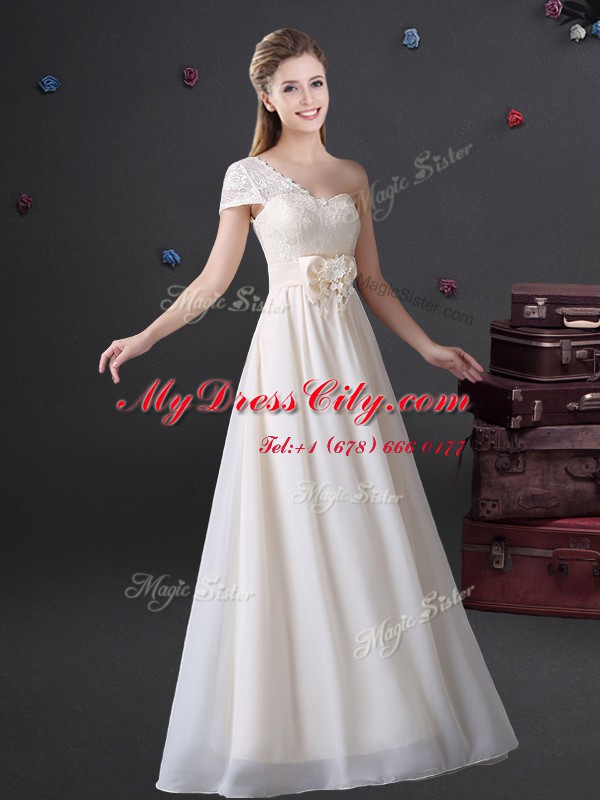 One Shoulder White Sleeveless Chiffon Zipper Quinceanera Court Dresses for Prom and Party and Wedding Party